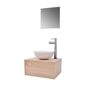 Badkamermeubelset 4-delig met kraan en wasbak beige Badkamermeubelset 4-delig met kraan en wasbak beige