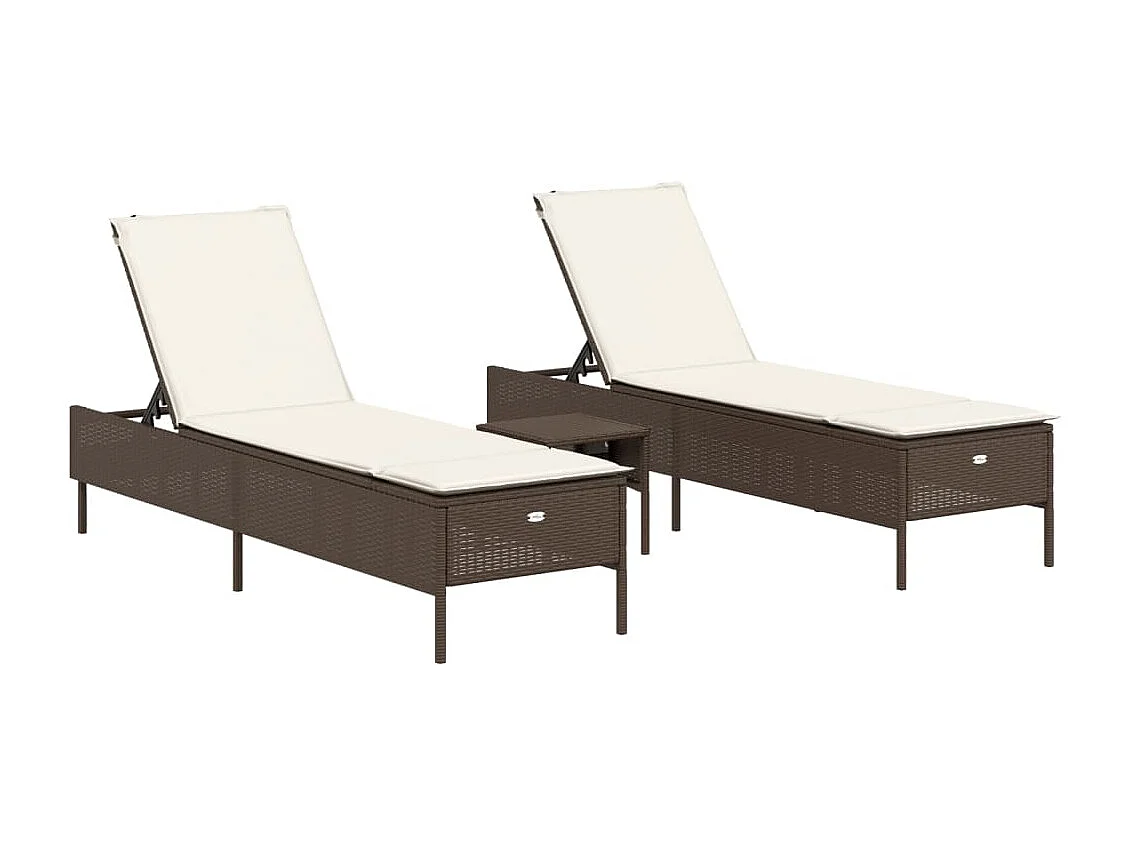 3-delige Ligbeddenset met kussens poly rattan bruin