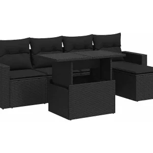 6-delige Loungeset met kussens poly rattan zwart 6-delige Loungeset met kussens poly rattan zwart