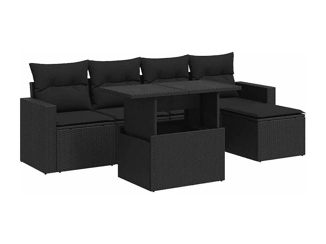 6-delige Loungeset met kussens poly rattan zwart