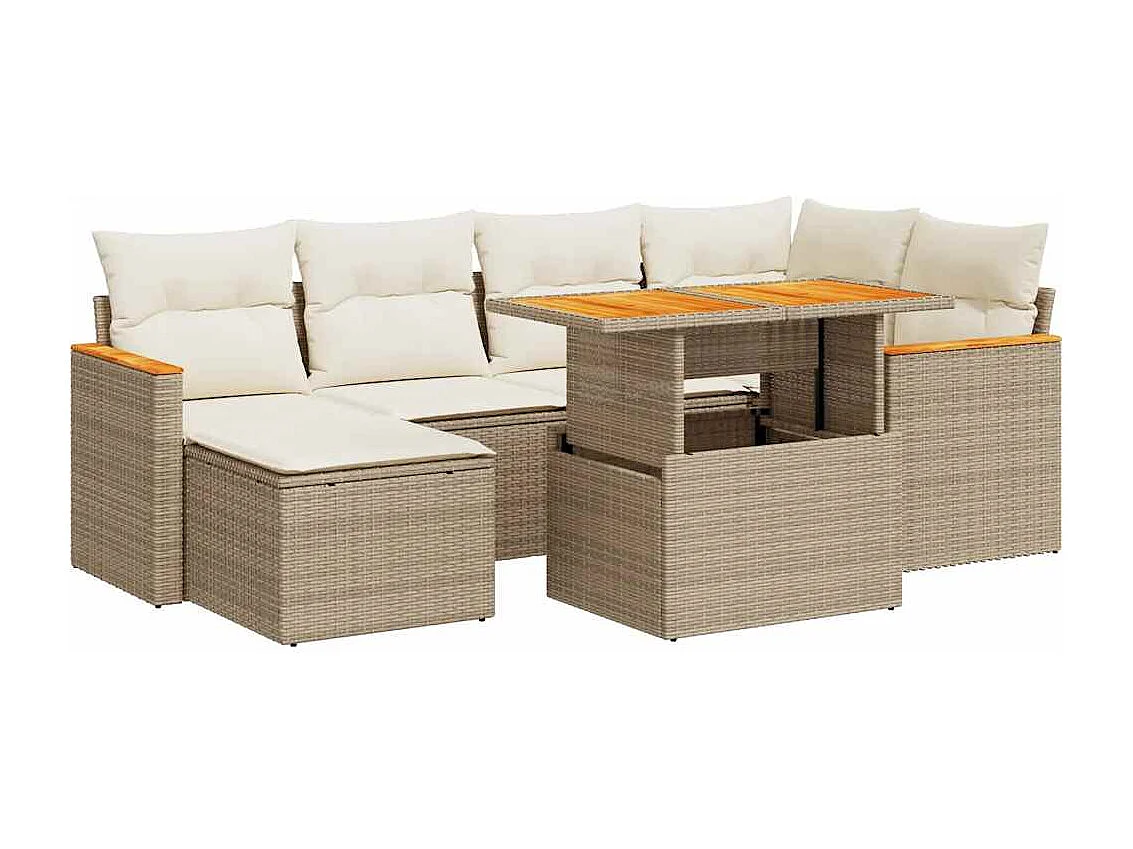 7-delige Loungeset met kussens poly rattan acacia beige