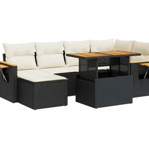 7-delige Loungeset met kussens poly rattan acacia zwart 7-delige Loungeset met kussens poly rattan acacia zwart