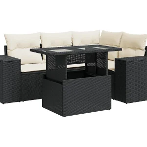 5-delige Loungeset met kussens poly rattan zwart
