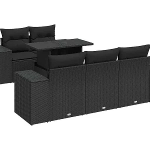 6-delige Loungeset met kussens poly rattan zwart