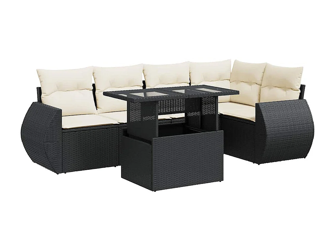 6-delige Loungeset met kussens poly rattan zwart