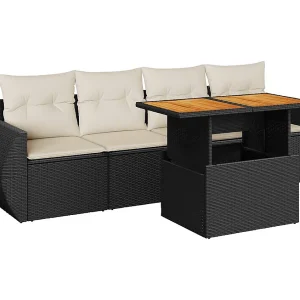 5-delige Loungeset met kussens poly rattan zwart