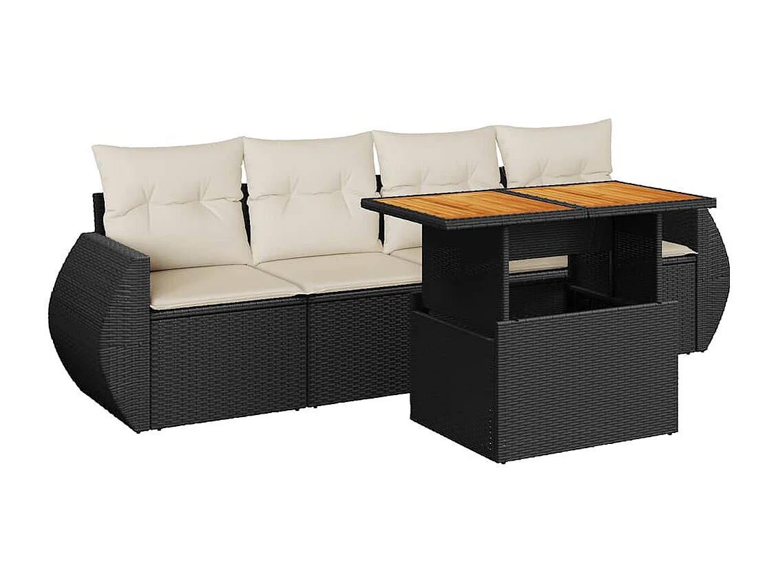 5-delige Loungeset met kussens poly rattan zwart
