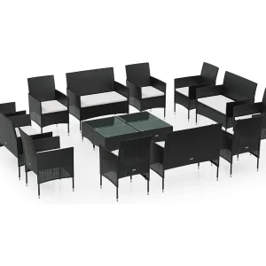 16-delige Loungeset met kussens poly rattan zwart