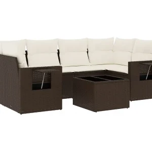 7-delige Loungeset met kussens poly rattan bruin