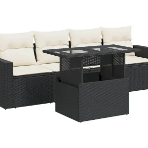 5-delige Loungeset met kussens poly rattan zwart