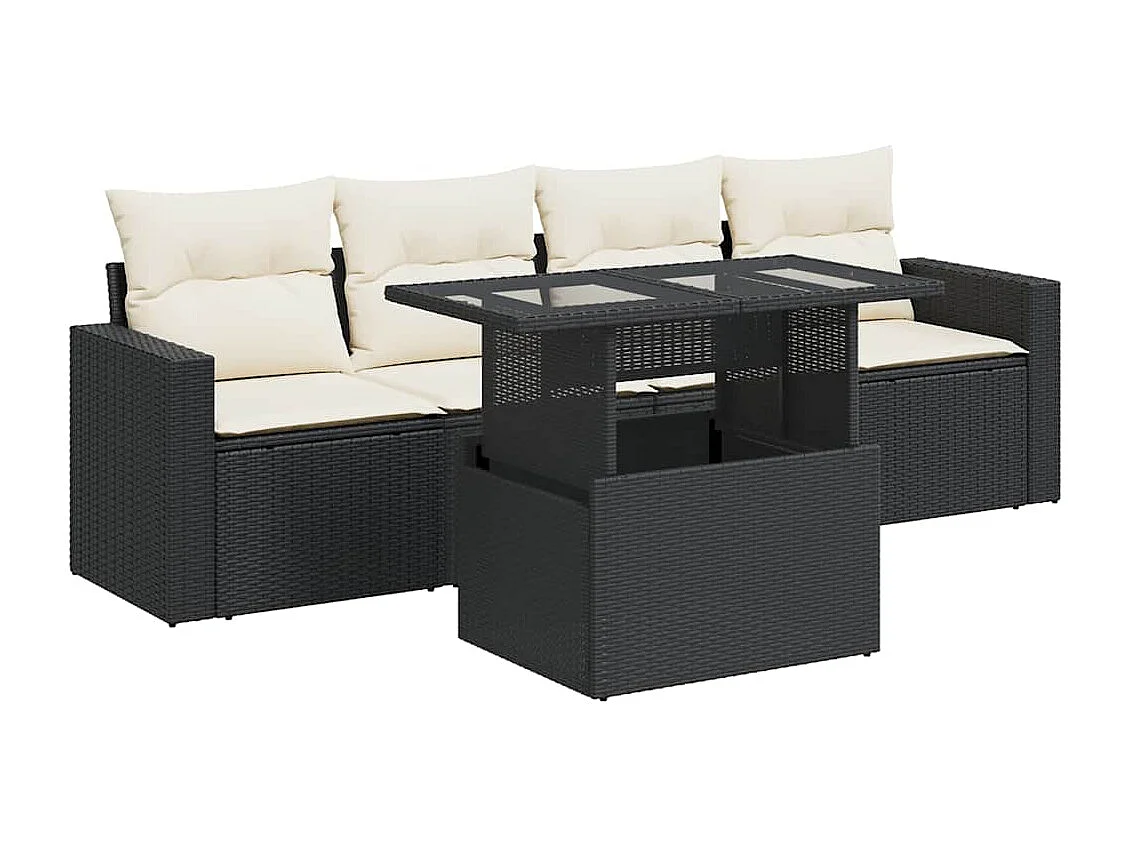 5-delige Loungeset met kussens poly rattan zwart