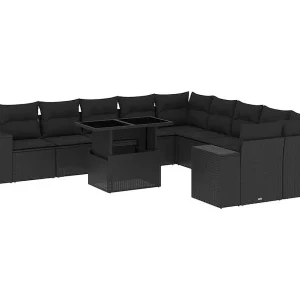11-delige Loungeset met kussens poly rattan zwart