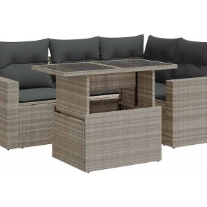 5-delige Loungeset met kussens poly rattan lichtgrijs