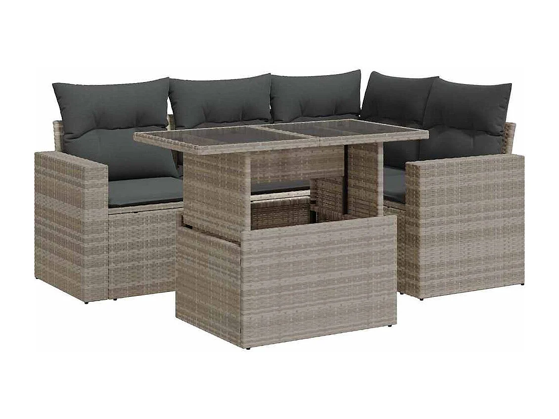 5-delige Loungeset met kussens poly rattan lichtgrijs