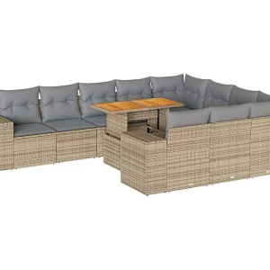 10-delige Loungeset met kussens poly rattan acacia beige
