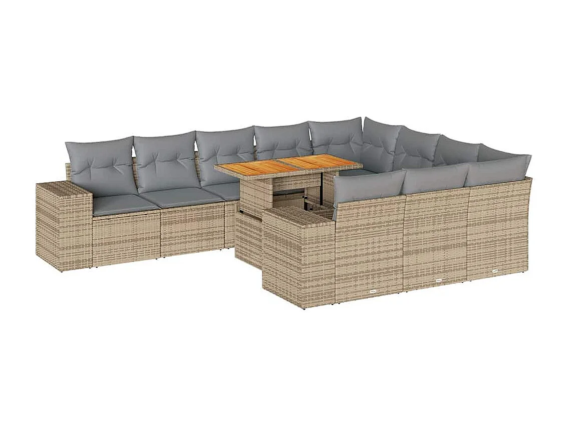 10-delige Loungeset met kussens poly rattan acacia beige