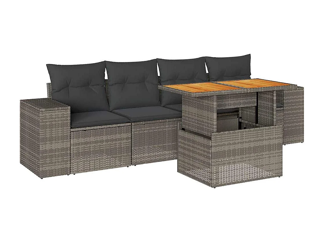 5-delige Loungeset met kussens poly rattan grijs