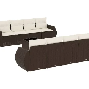 9-delige Loungeset met kussens poly rattan bruin