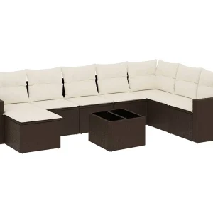 9-delige Loungeset met kussens poly rattan bruin