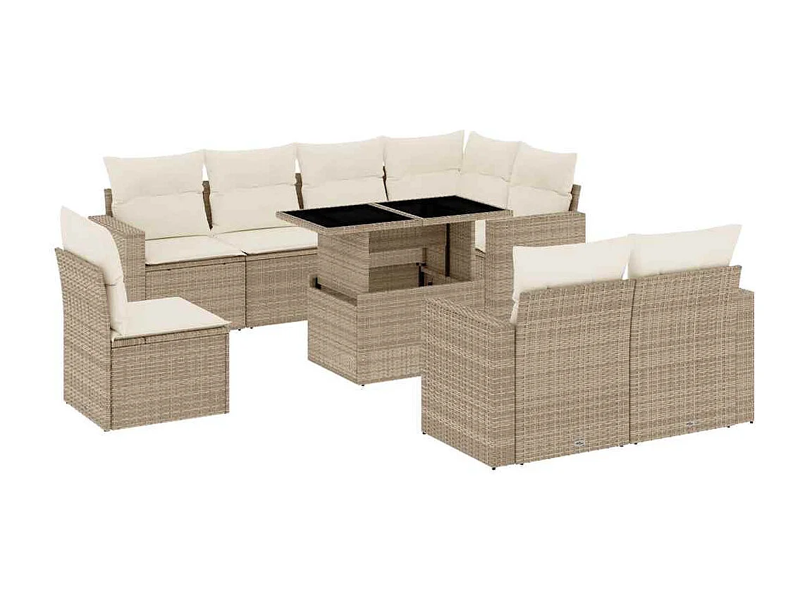 9-delige Loungeset met kussens poly rattan beige