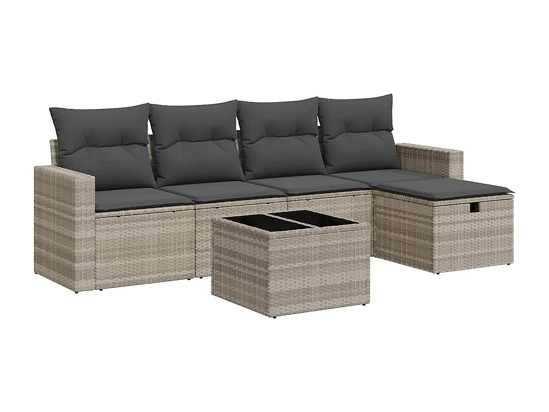 6-delige Loungeset met kussens poly rattan lichtgrijs