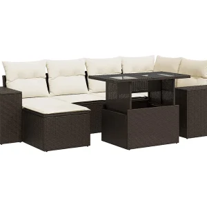 7-delige Loungeset met kussens poly rattan bruin