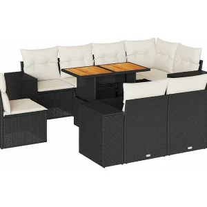 9-delige Loungeset met kussens poly rattan zwart 9-delige Loungeset met kussens poly rattan zwart