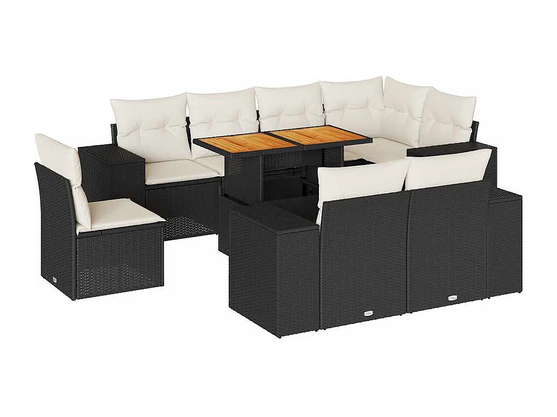 9-delige Loungeset met kussens poly rattan zwart