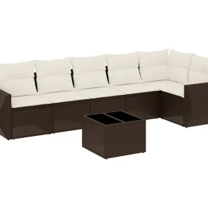 7-delige Loungeset met kussens poly rattan bruin
