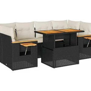 7-delige Loungeset met kussens poly rattan acacia zwart 7-delige Loungeset met kussens poly rattan acacia zwart