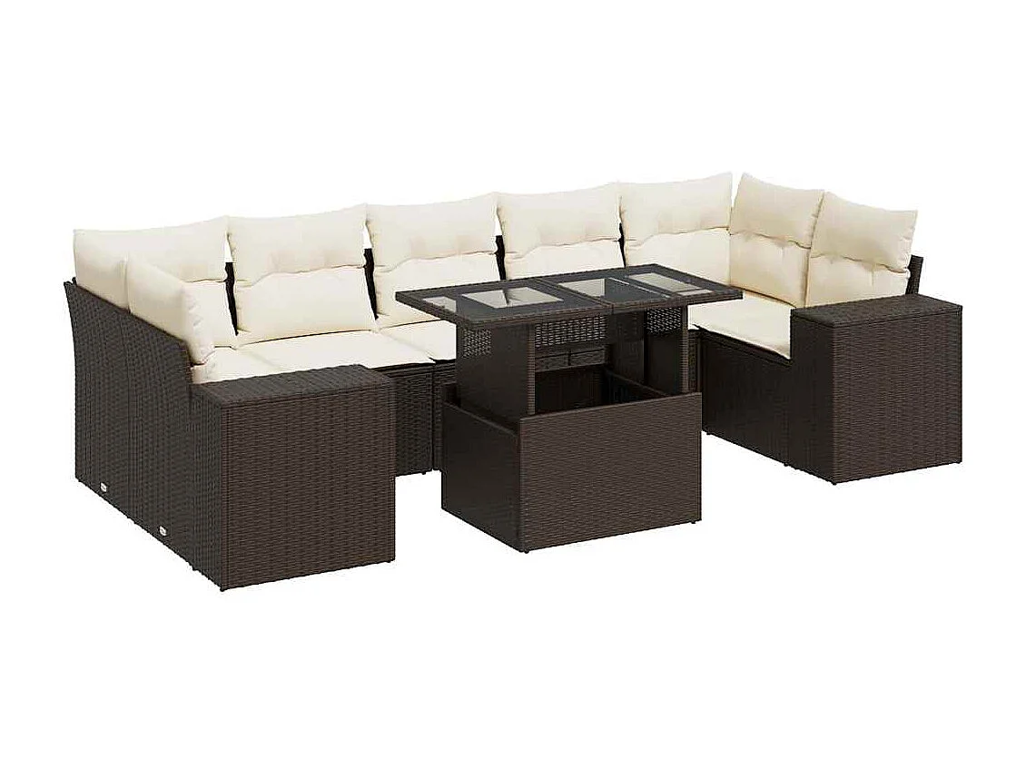 8-delige Loungeset met kussens poly rattan bruin