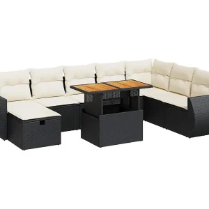 9-delige Loungeset met kussens poly rattan acacia zwart 9-delige Loungeset met kussens poly rattan acacia zwart