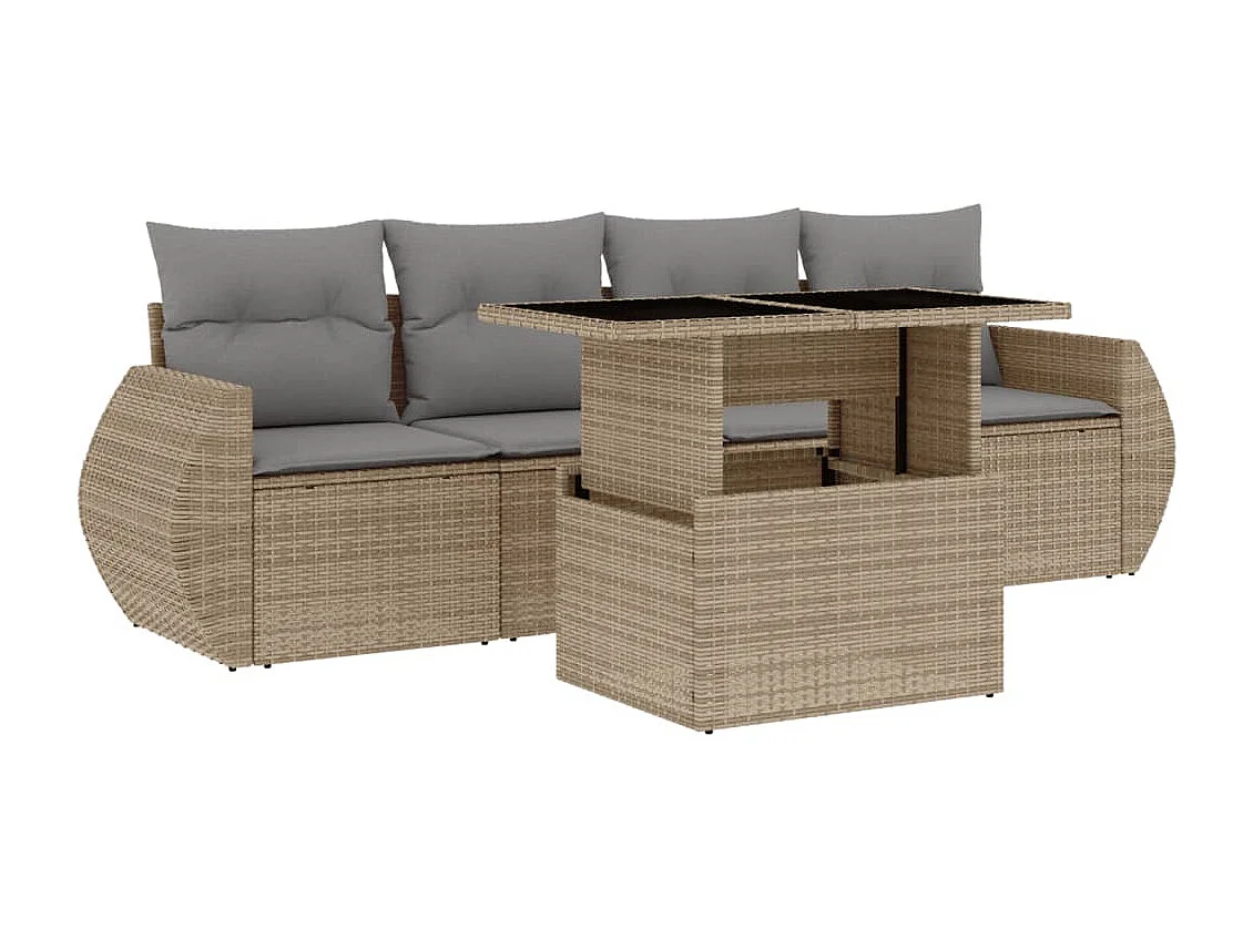 5-delige Loungeset met kussens poly rattan beige