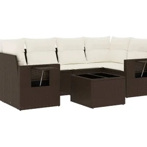 7-delige Loungeset met kussens poly rattan bruin