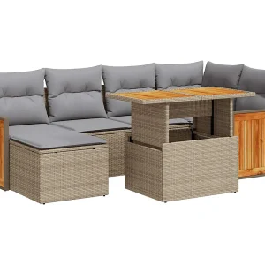 7-delige Loungeset met kussens poly rattan acacia beige 7-delige Loungeset met kussens poly rattan acacia beige