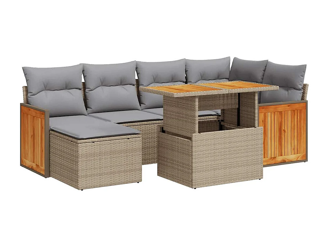 7-delige Loungeset met kussens poly rattan acacia beige