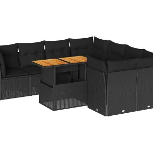 9-delige Loungeset met kussens poly rattan zwart 9-delige Loungeset met kussens poly rattan zwart