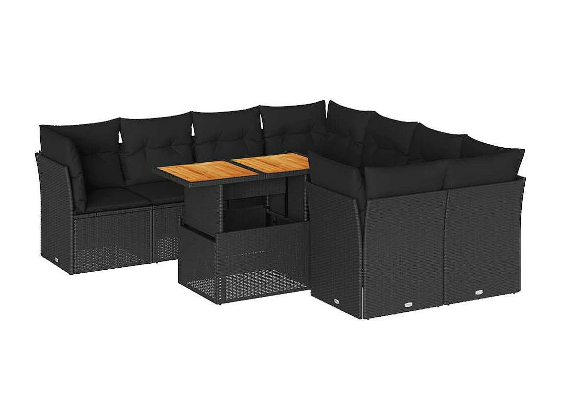 9-delige Loungeset met kussens poly rattan zwart