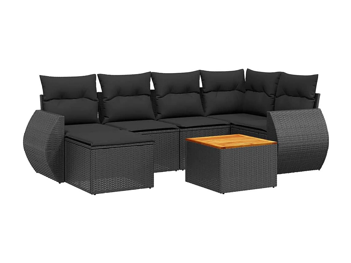 7-delige Loungeset met kussens poly rattan zwart