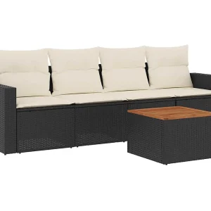 5-delige Loungeset met kussens poly rattan zwart