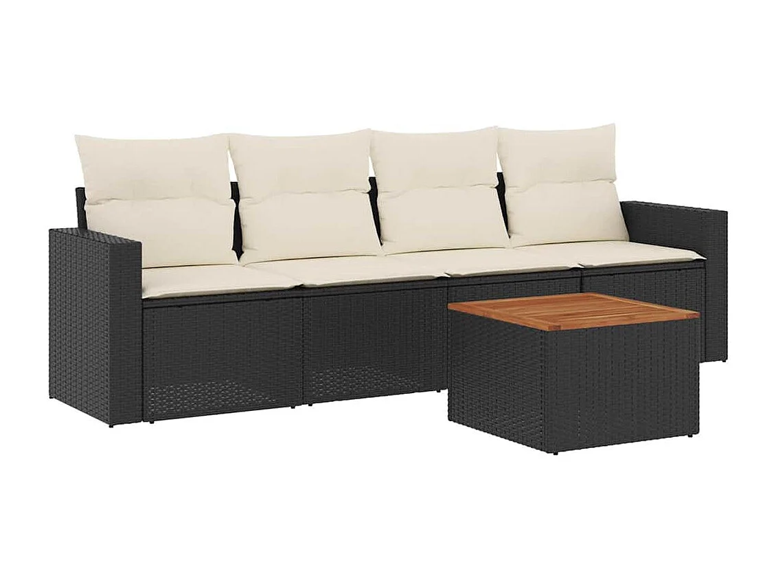 5-delige Loungeset met kussens poly rattan zwart
