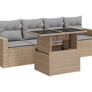 5-delige Loungeset met kussens poly rattan beige 5-delige Loungeset met kussens poly rattan beige