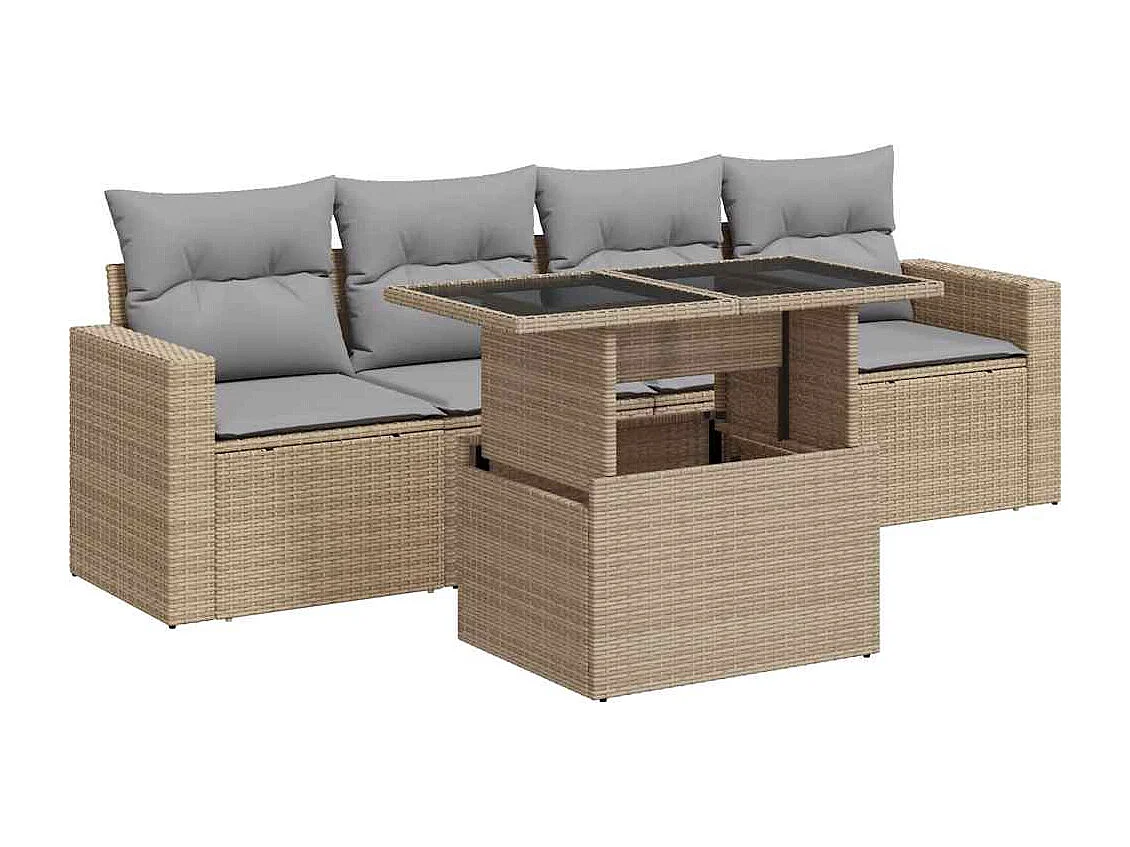 5-delige Loungeset met kussens poly rattan beige
