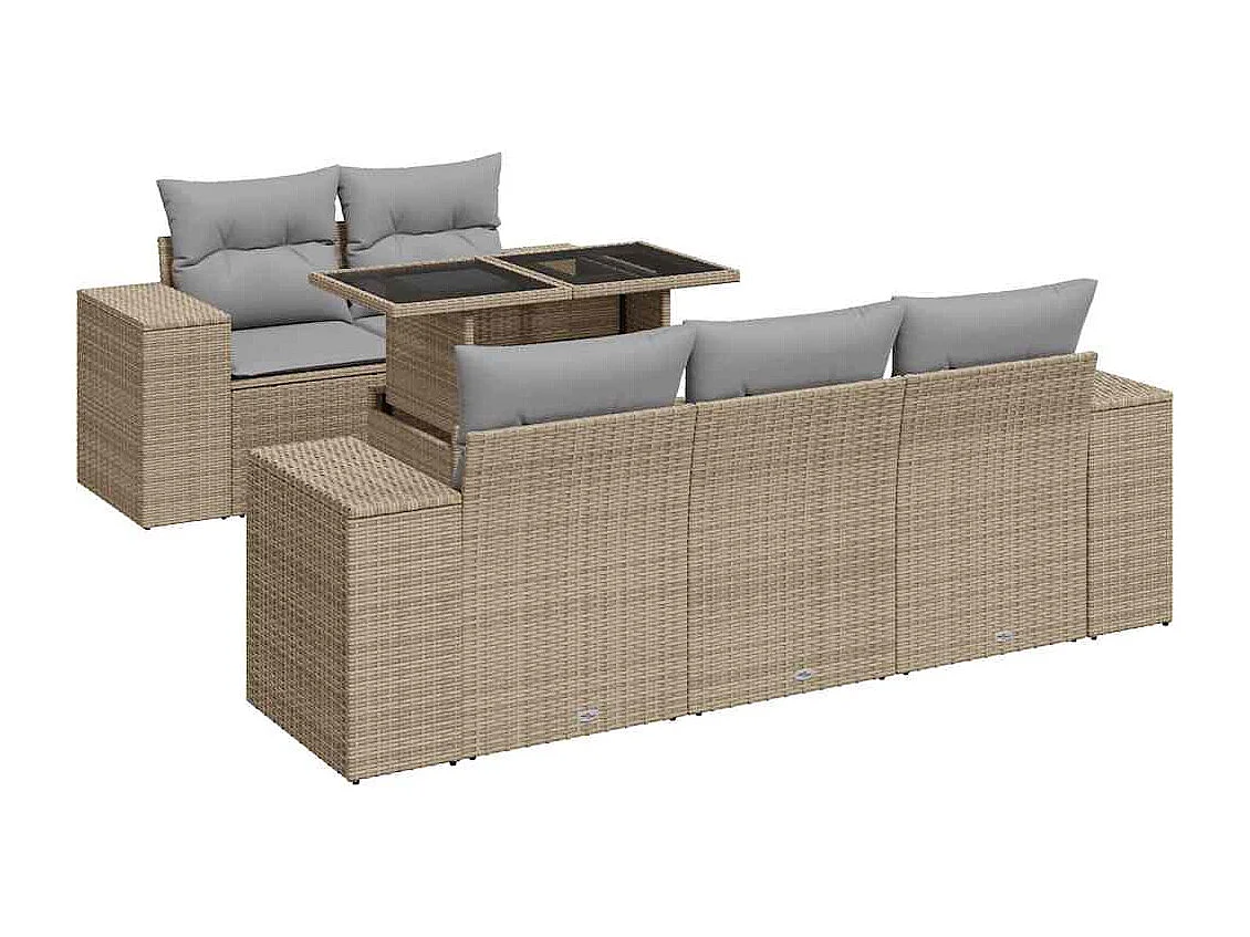 6-delige Loungeset met kussens poly rattan beige