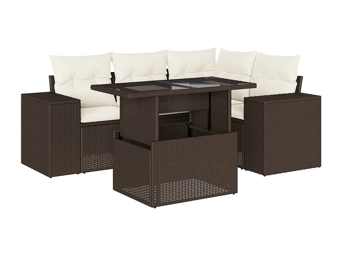 5-delige Loungeset met kussens poly rattan bruin
