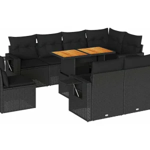 9-delige Loungeset met kussens poly rattan zwart 9-delige Loungeset met kussens poly rattan zwart