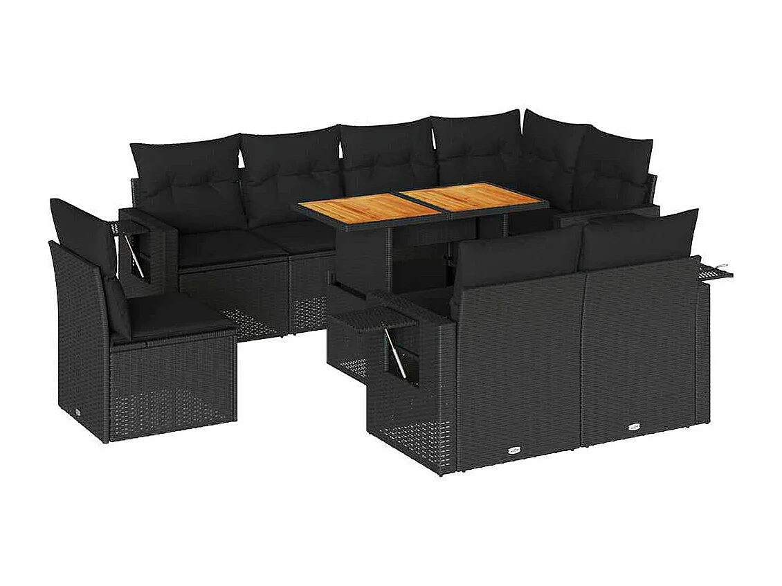 9-delige Loungeset met kussens poly rattan zwart