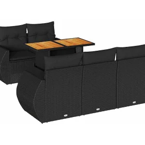 6-delige Loungeset met kussens poly rattan zwart