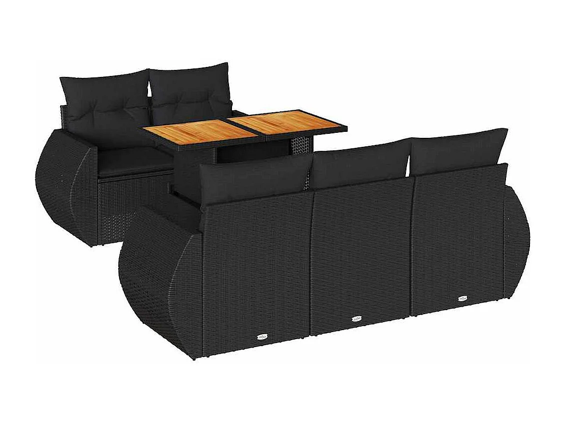 6-delige Loungeset met kussens poly rattan zwart