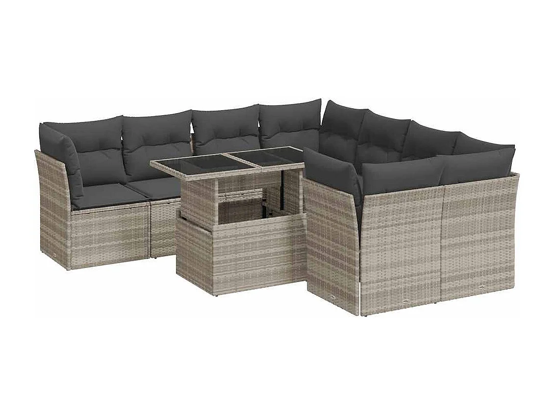 9-delige Loungeset met kussens poly rattan lichtgrijs